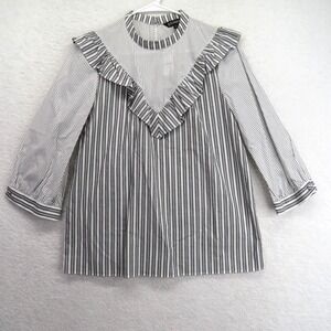 Express Shirt Womens Small Gray White Stripe Ruffle 3/4 Sleeve Cotton Top New‎